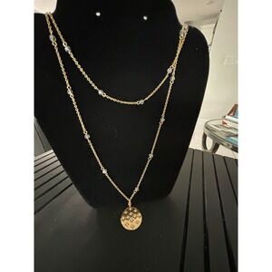 Gold Tone Layered Starburst Medallion Lucky Charm Necklace with Clear Beads
